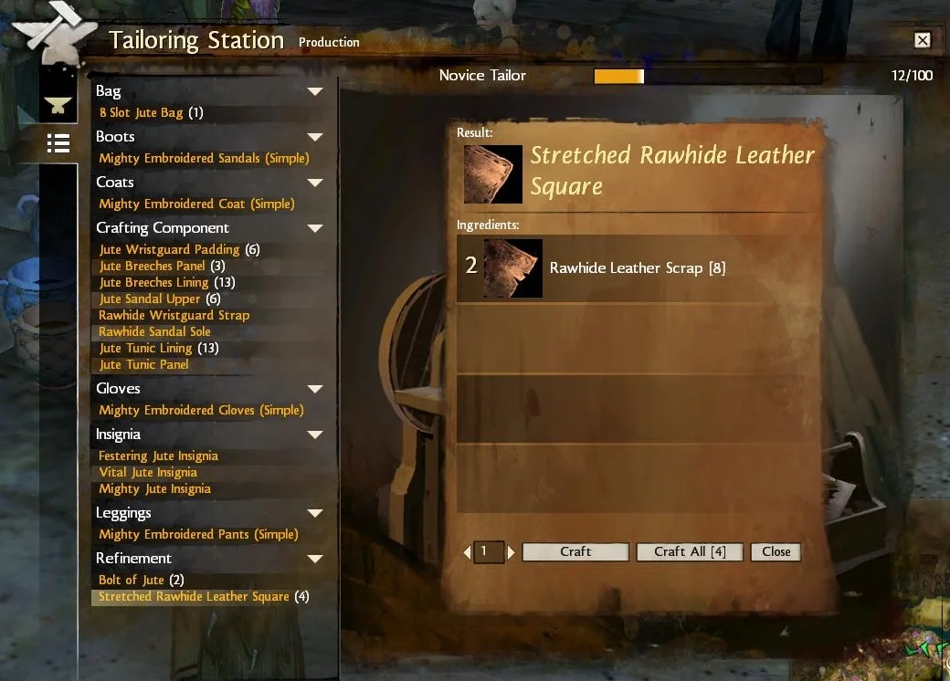 the crafting menu from Guild Wars 2