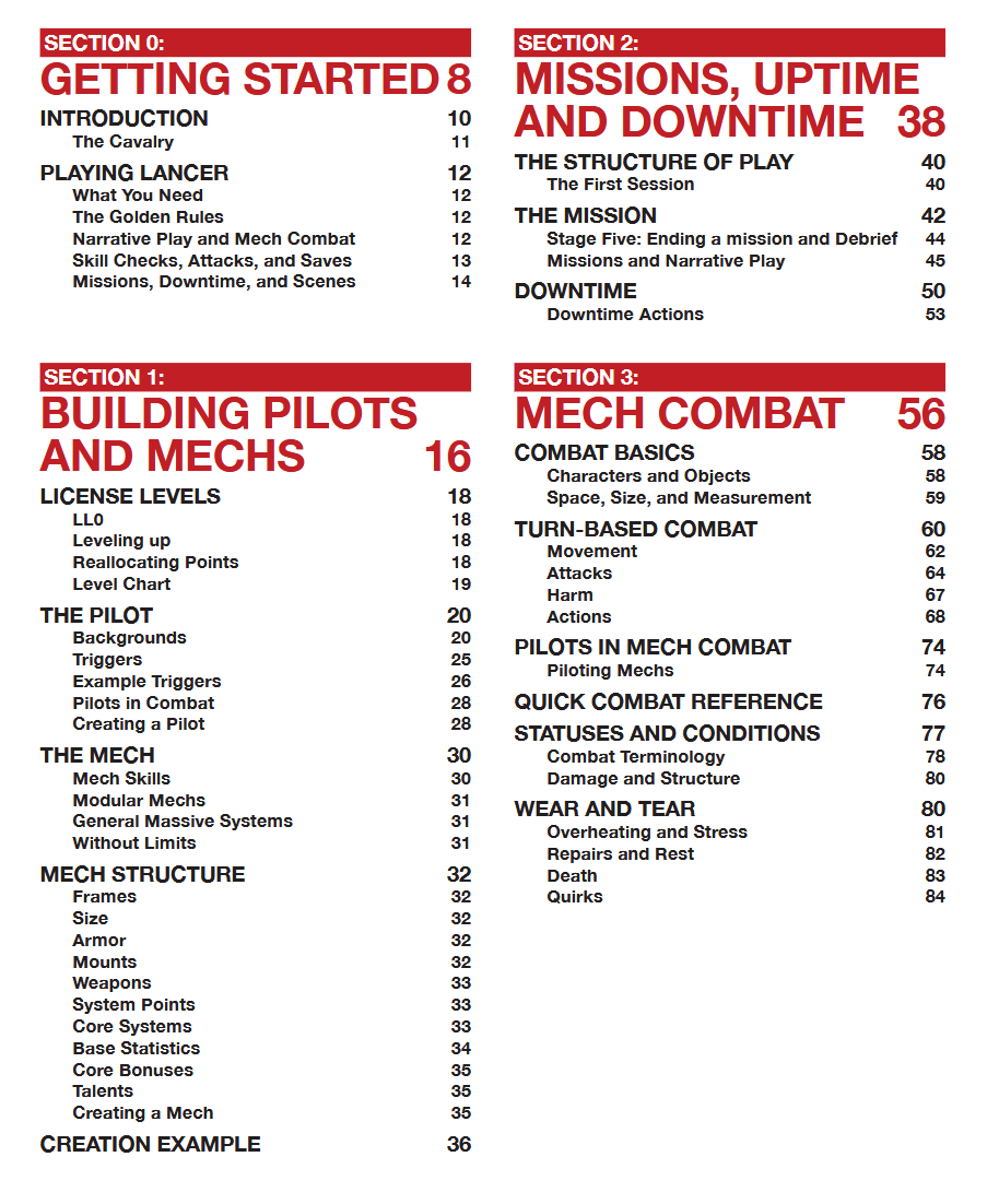 the first page of the table of contents for Lancer