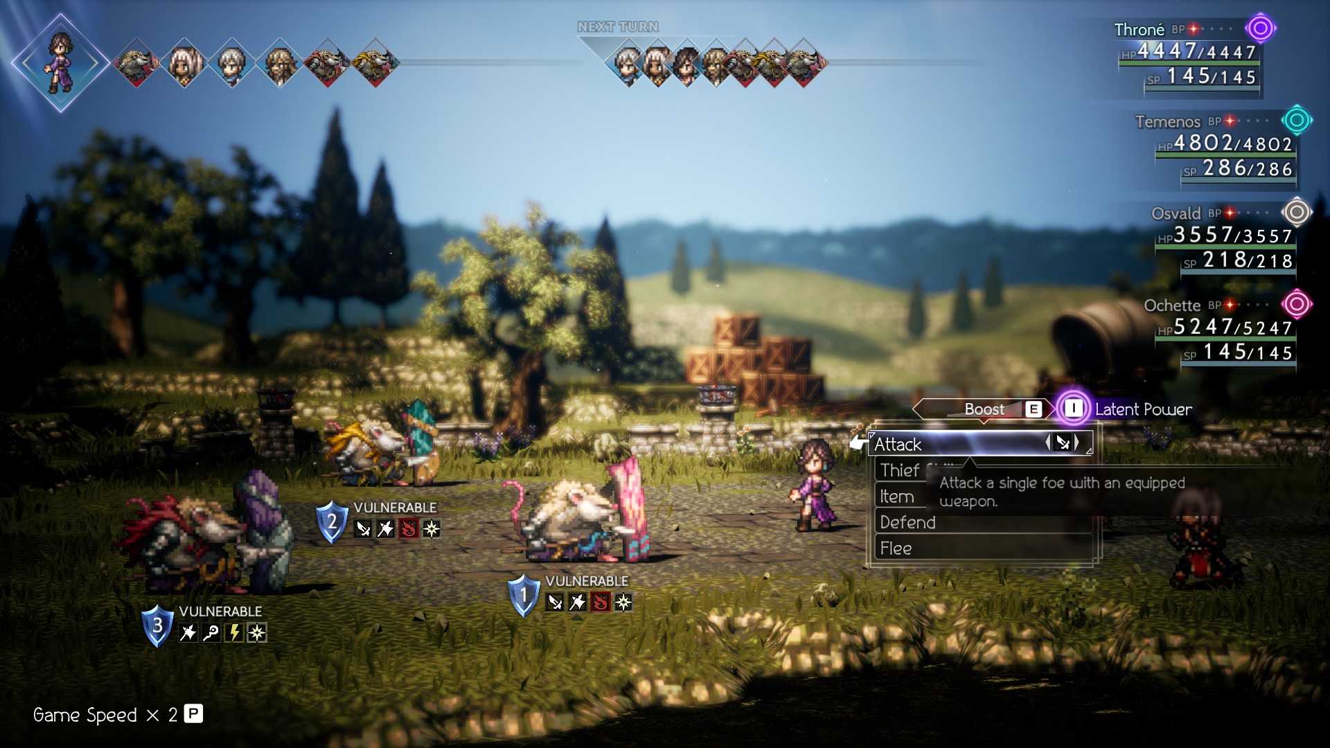 a battle scene from Octopath Traveller 2