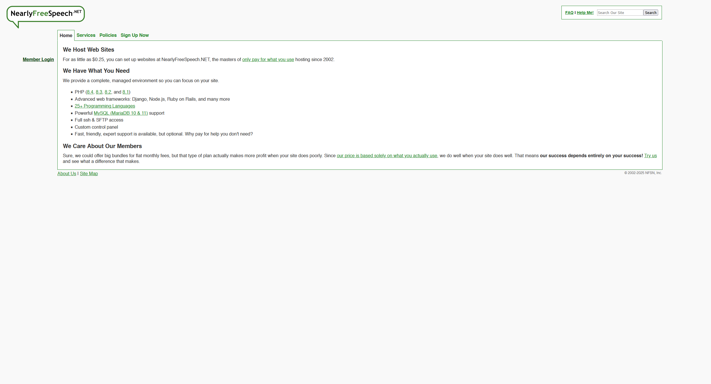 the home page for NearlyFreeSpeech.net