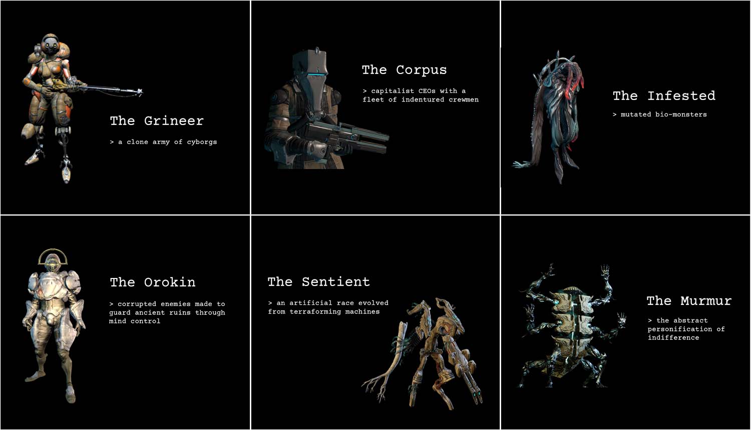 six factions from Warframe: the Grineer, Corpus, Infested, Orokin, Sentient, and the Murmur