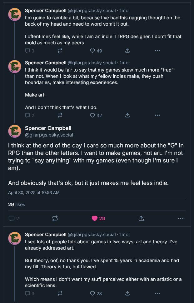 a social media post where Spencer Campbell says they care so much more about the "G" in RPG than the other letters.