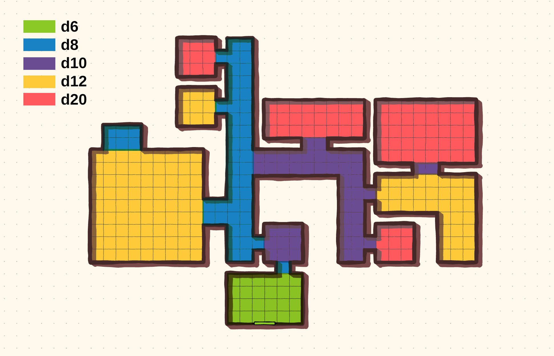 an example dungeon with color-coded rooms