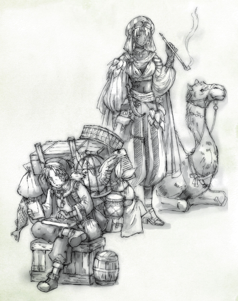 An illustration of merchants from Ryuutama