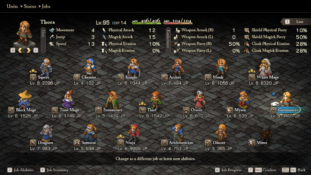 A screen displaying all of the jobs in Final Fantasy Tactics