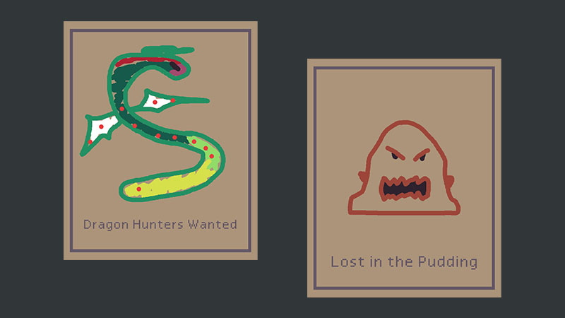 two hunt posters from my Fabula Ultima game; one is for a two-headed dragon and one is for a pudding