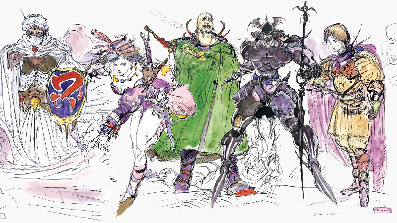 a collage of Yoshitaka Amano artwork for Final Fantasy II